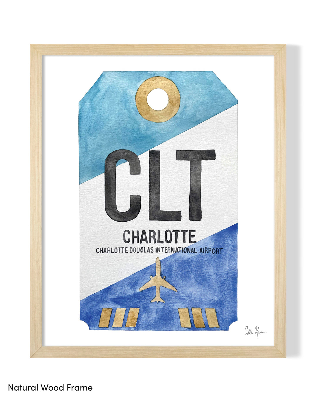 Framed Watercolor Print of Charlotte Douglas International Airport (CLT) with a Natural Wood Frame