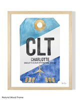 Framed Watercolor Print of Charlotte Douglas International Airport (CLT) with a Natural Wood Frame