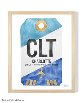 Framed Watercolor Print of Charlotte Douglas International Airport (CLT) with a Natural Wood Frame