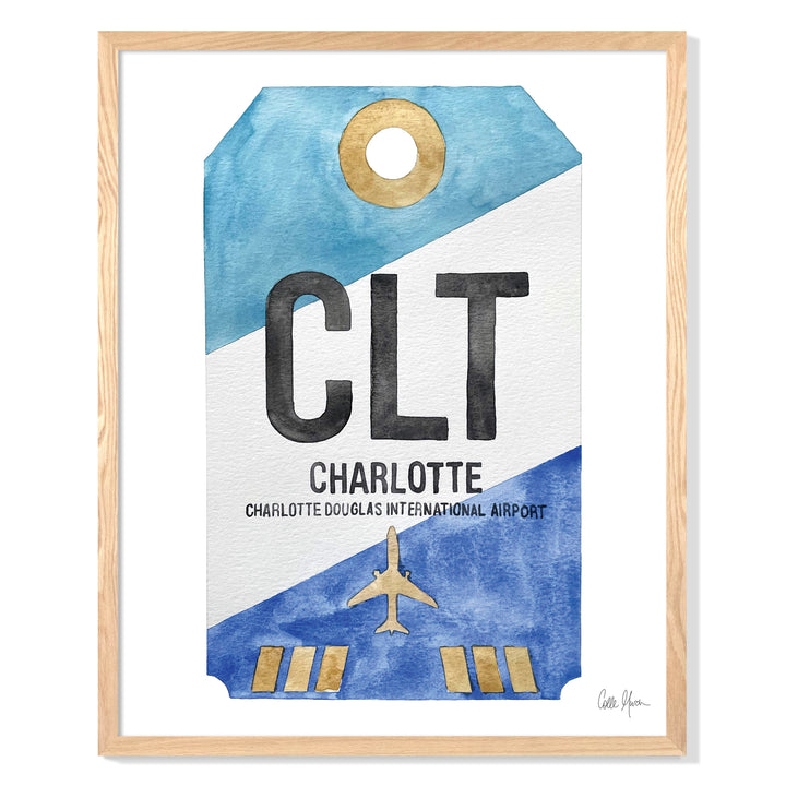 Framed Watercolor Print of Charlotte Douglas International Airport (CLT) with an Oak Frame