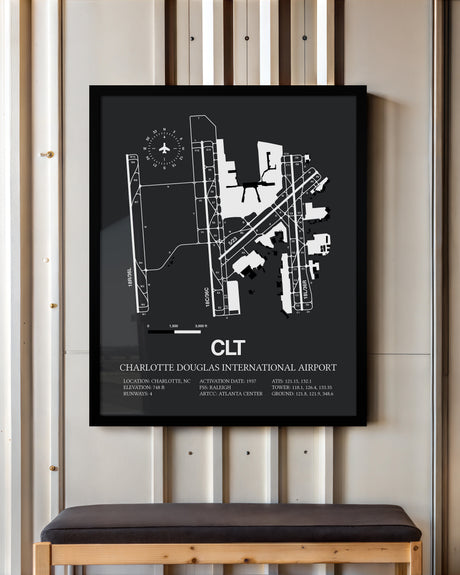 Framed Detailed Airport Map of Charlotte Douglas International Airport (CLT) in Gray with a Black Frame