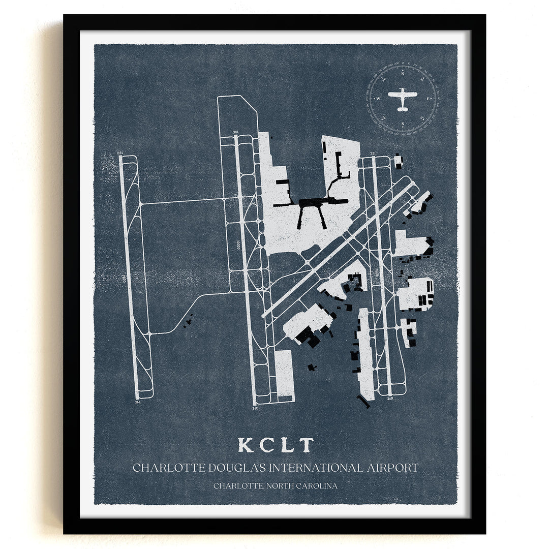 CLT Airport Map, Vintage Style, Charlotte Douglas International Airport Print