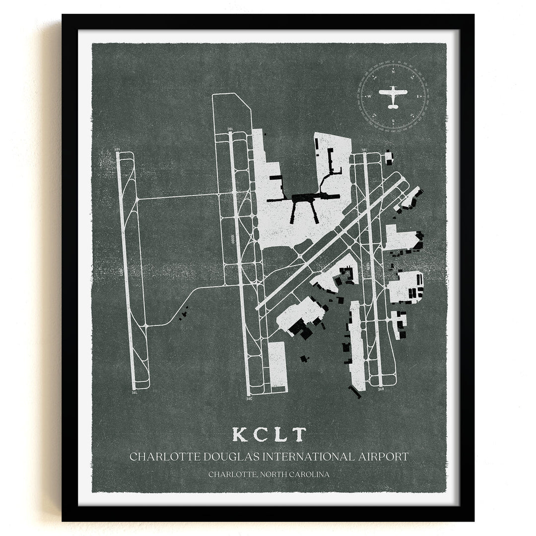 CLT Airport Map, Vintage Style, Charlotte Douglas International Airport Print