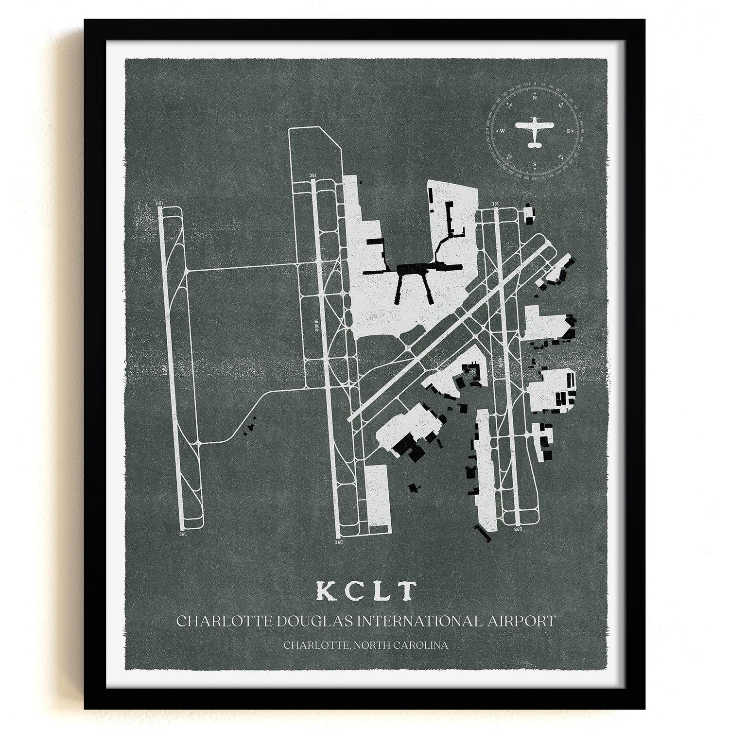 CLT Airport Map, Vintage Style, Charlotte Douglas International Airport Print