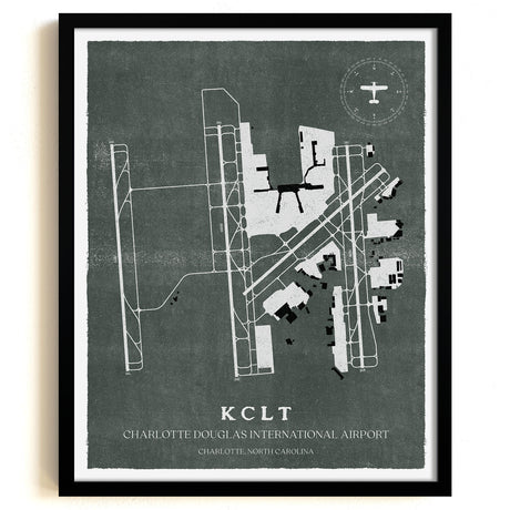 CLT Airport Map, Vintage Style, Charlotte Douglas International Airport Print