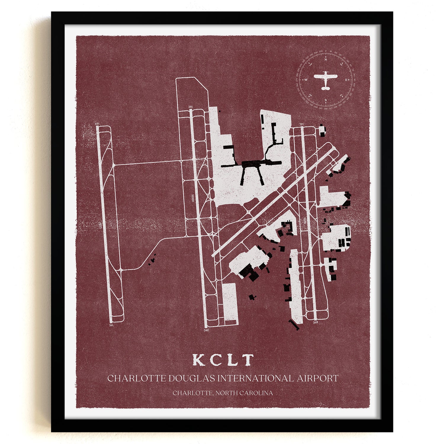 CLT Airport Map, Vintage Style, Charlotte Douglas International Airport Print