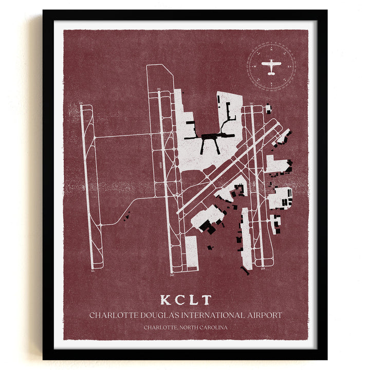 CLT Airport Map, Vintage Style, Charlotte Douglas International Airport Print