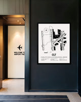 Framed Detailed Airport Map of Charlotte Douglas International Airport (CLT) in White with a Black Frame