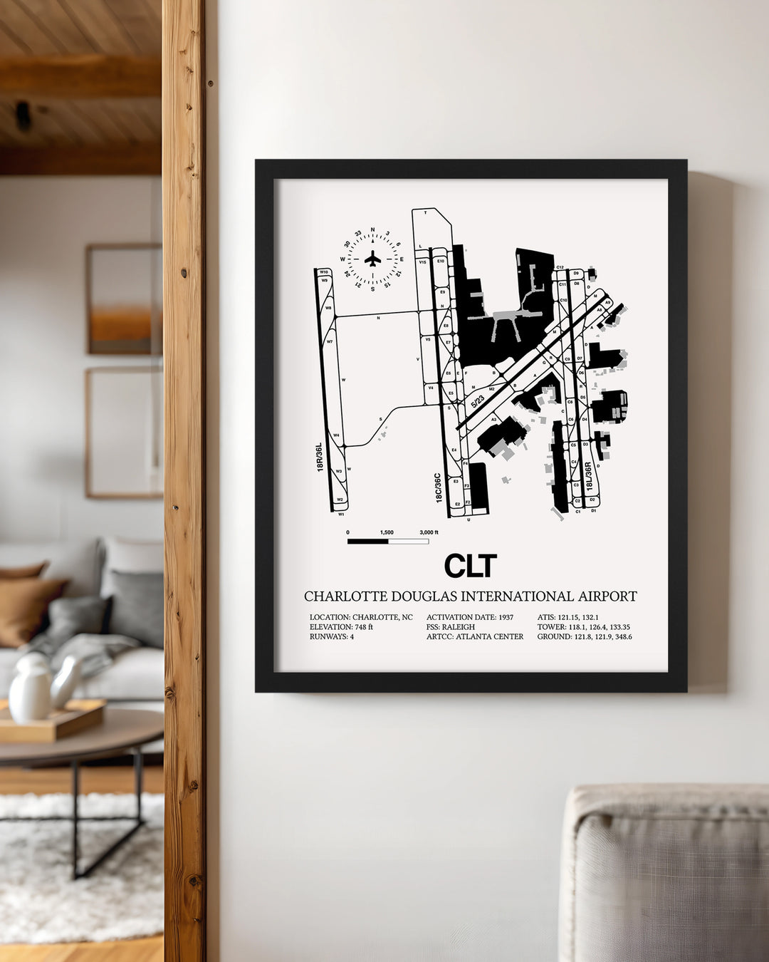 Framed Detailed Airport Map of Charlotte Douglas International Airport (CLT) in White with a Black Frame