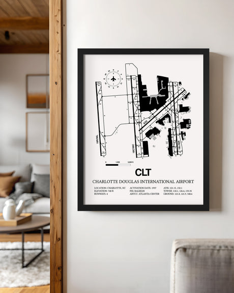 Framed Detailed Airport Map of Charlotte Douglas International Airport (CLT) in White with a Black Frame