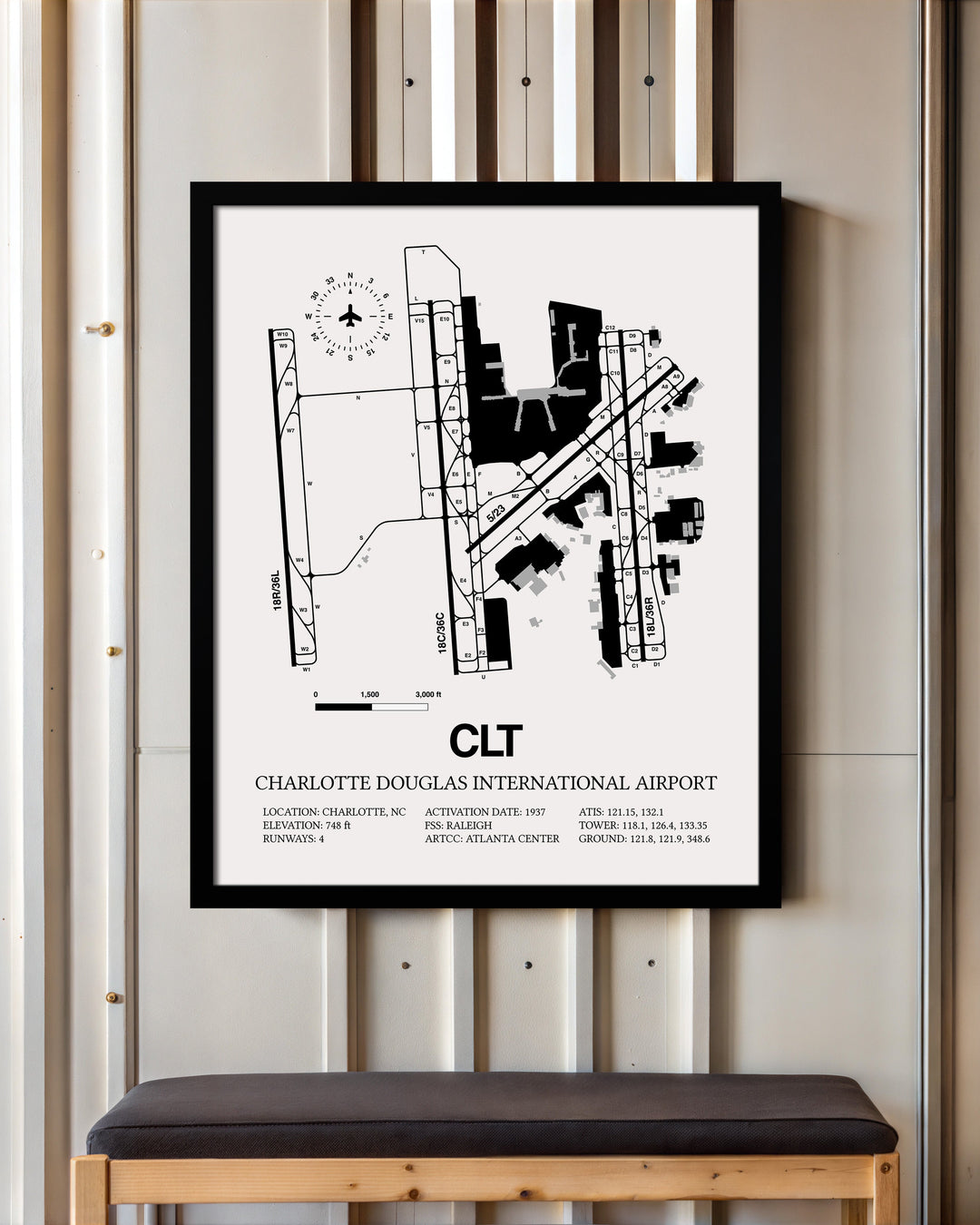 Framed Detailed Airport Map of Charlotte Douglas International Airport (CLT) in White with a Black Frame