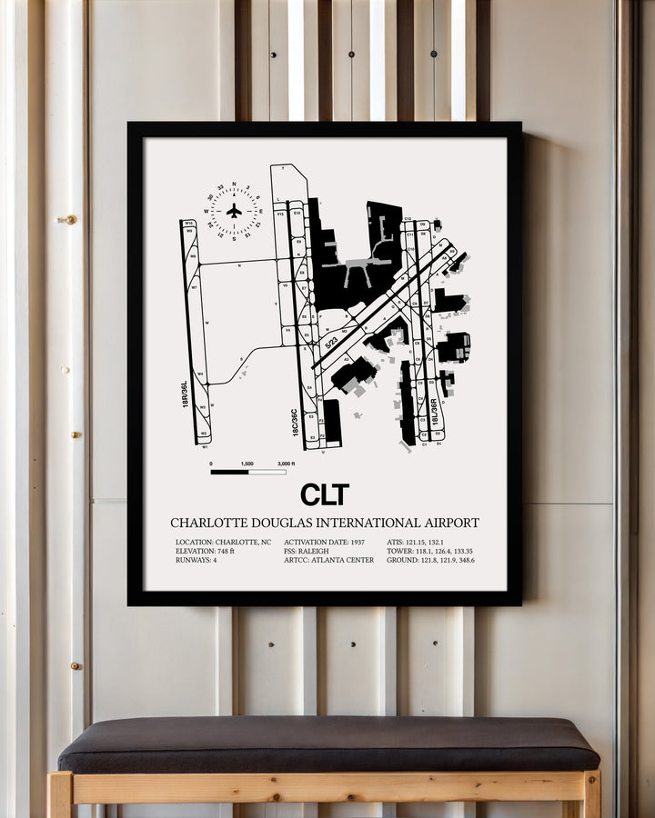 Framed Detailed Airport Map of Charlotte Douglas International Airport (CLT) in White with a Black Frame