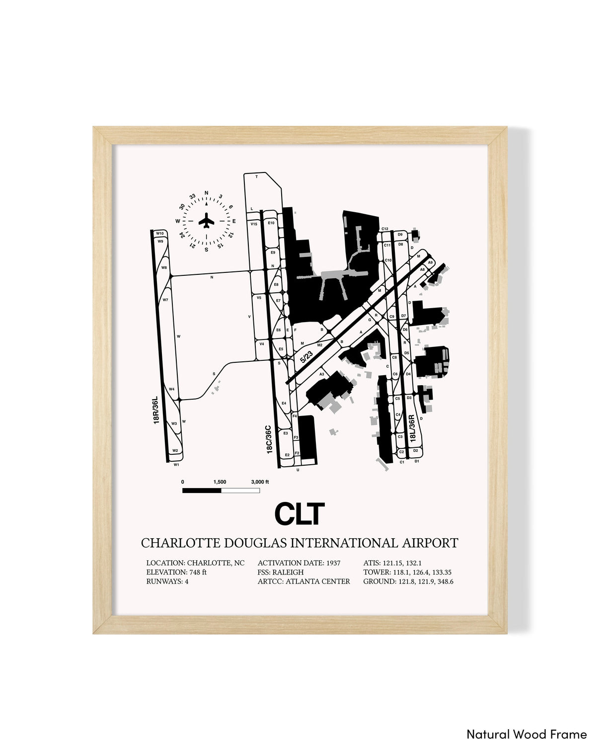 Detailed Airport Map of Charlotte Douglas International Airport (CLT) in White with a Natural Frame