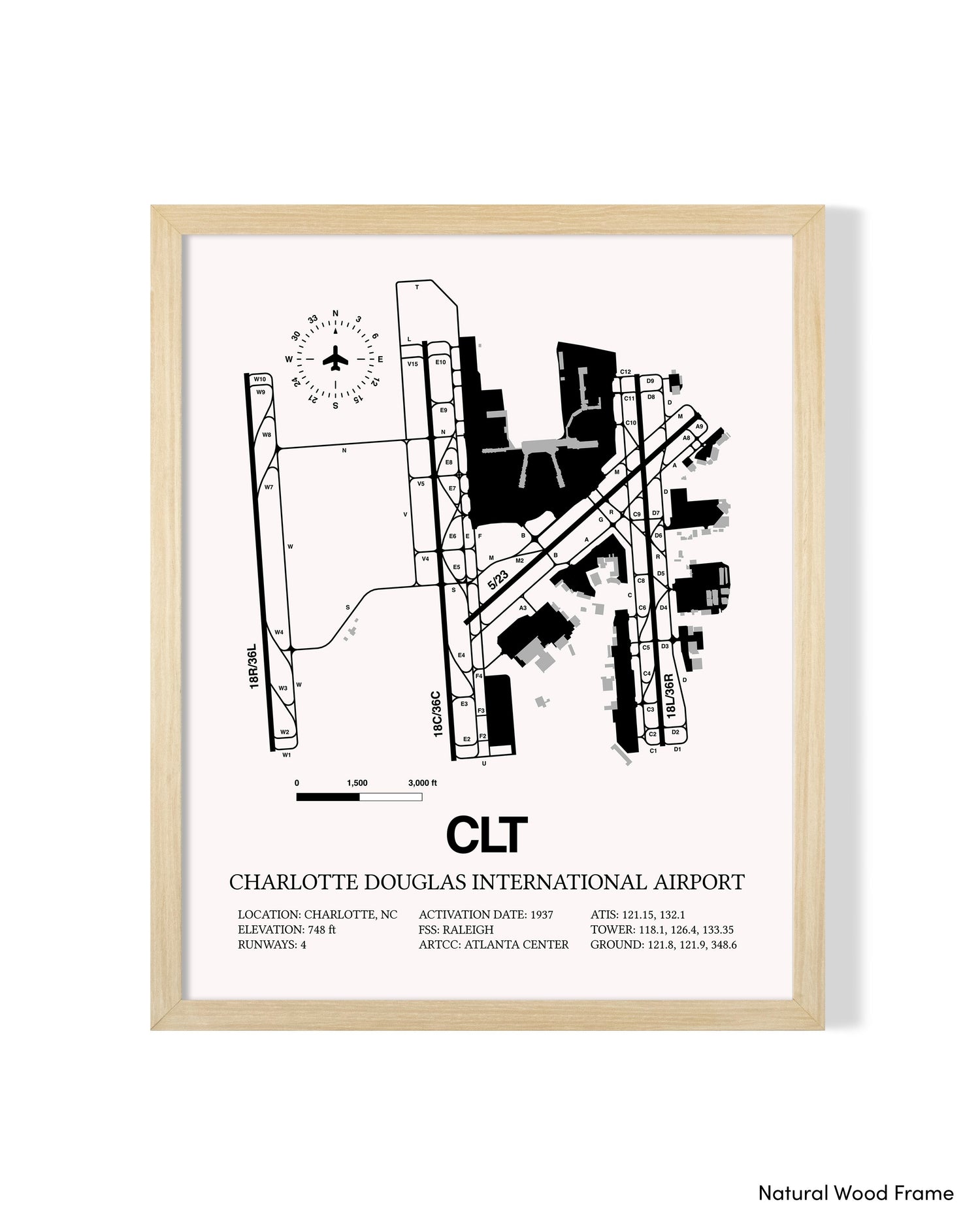 Detailed Airport Map of Charlotte Douglas International Airport (CLT) in White with a Natural Frame