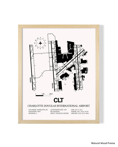 Detailed Airport Map of Charlotte Douglas International Airport (CLT) in White with a Natural Frame