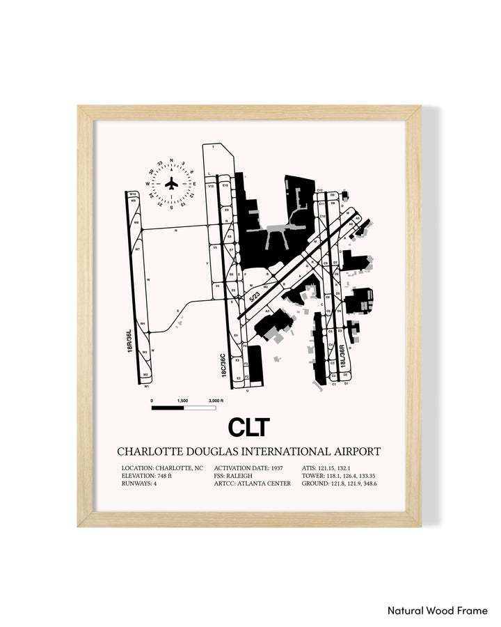 Detailed Airport Map of Charlotte Douglas International Airport (CLT) in White with a Natural Frame