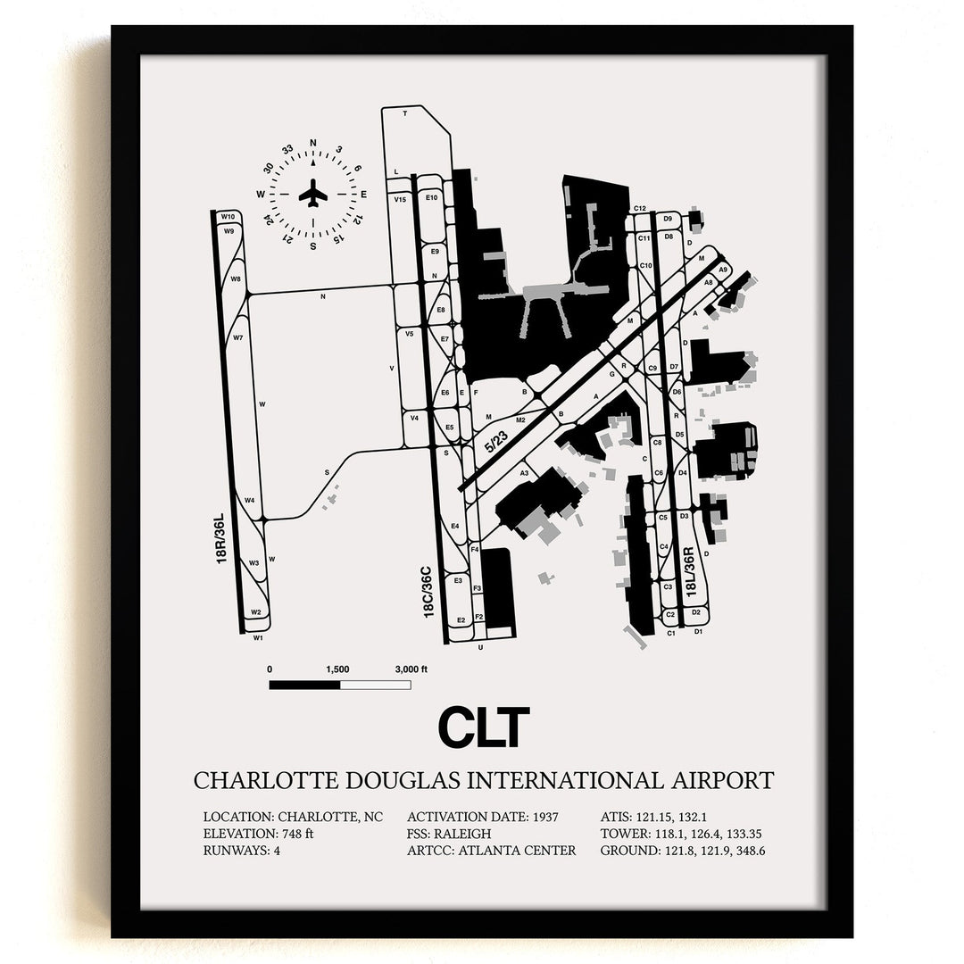 Framed Detailed Airport Map of Charlotte Douglas International Airport (CLT) in White with a Black Frame