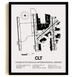 Framed Detailed Airport Map of Charlotte Douglas International Airport (CLT) in White with a Black Frame