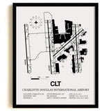 Framed Detailed Airport Map of Charlotte Douglas International Airport (CLT) in White with a Black Frame