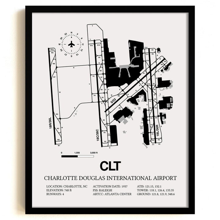 Framed Detailed Airport Map of Charlotte Douglas International Airport (CLT) in White with a Black Frame