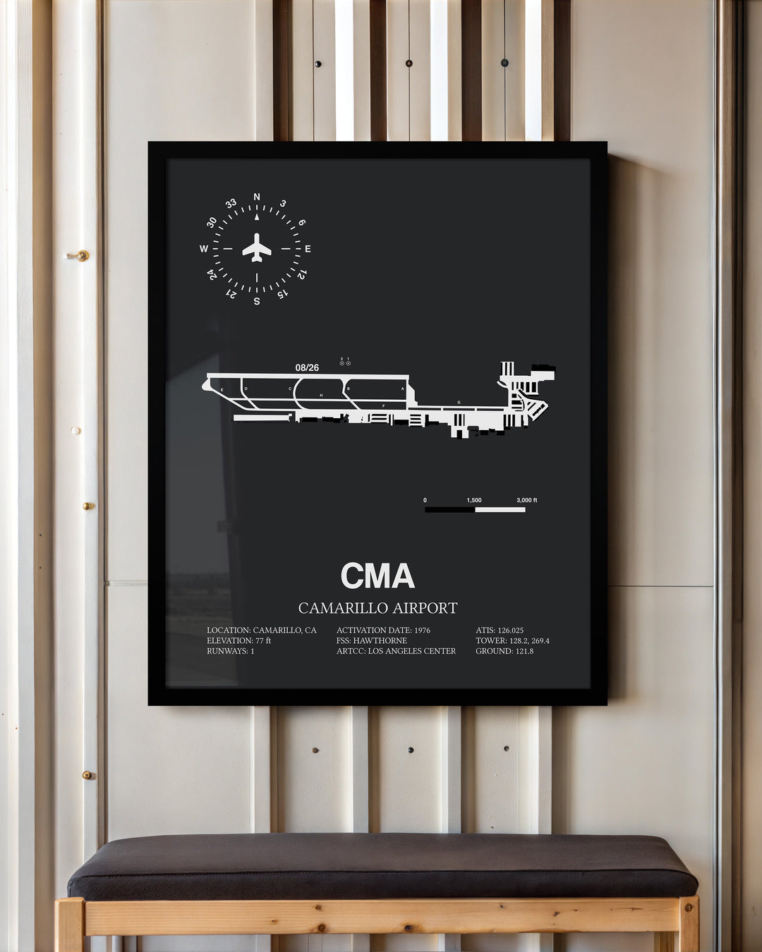 Framed Detailed Airport Map of Camarillo Airport (CMA) in Gray with a Black Frame