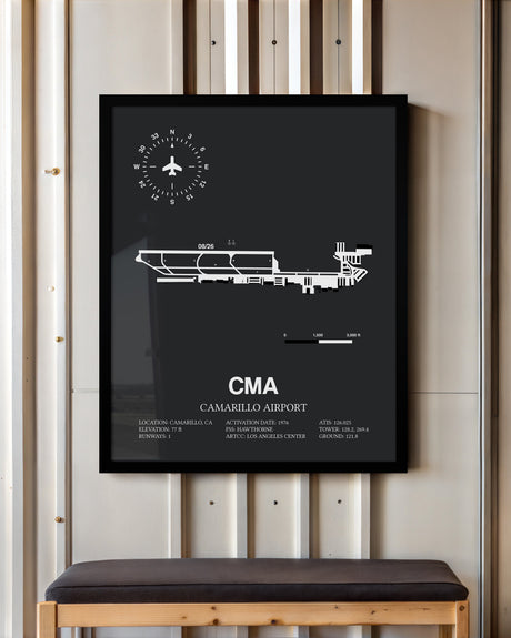 Framed Detailed Airport Map of Camarillo Airport (CMA) in Gray with a Black Frame