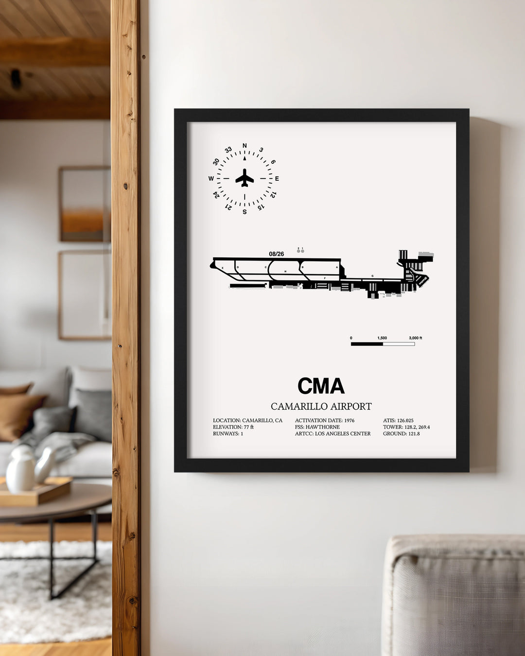 Framed Detailed Airport Map of Camarillo Airport (CMA) in White with a Black Frame