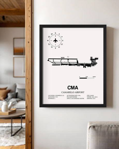 Framed Detailed Airport Map of Camarillo Airport (CMA) in White with a Black Frame