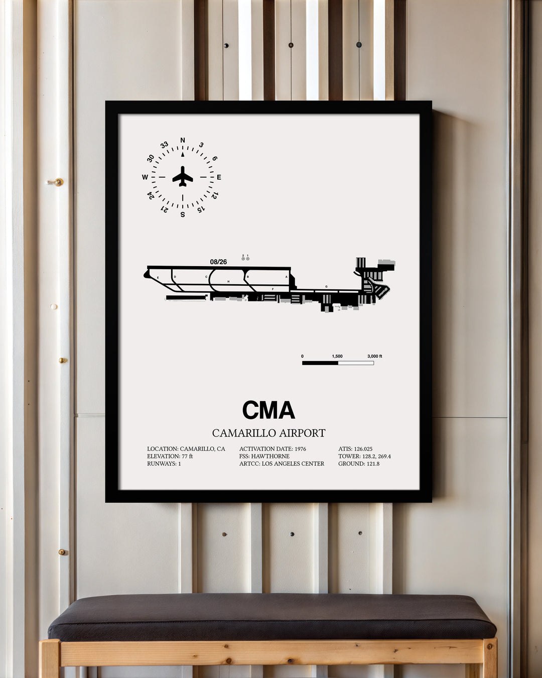 Framed Detailed Airport Map of Camarillo Airport (CMA) in White with a Black Frame