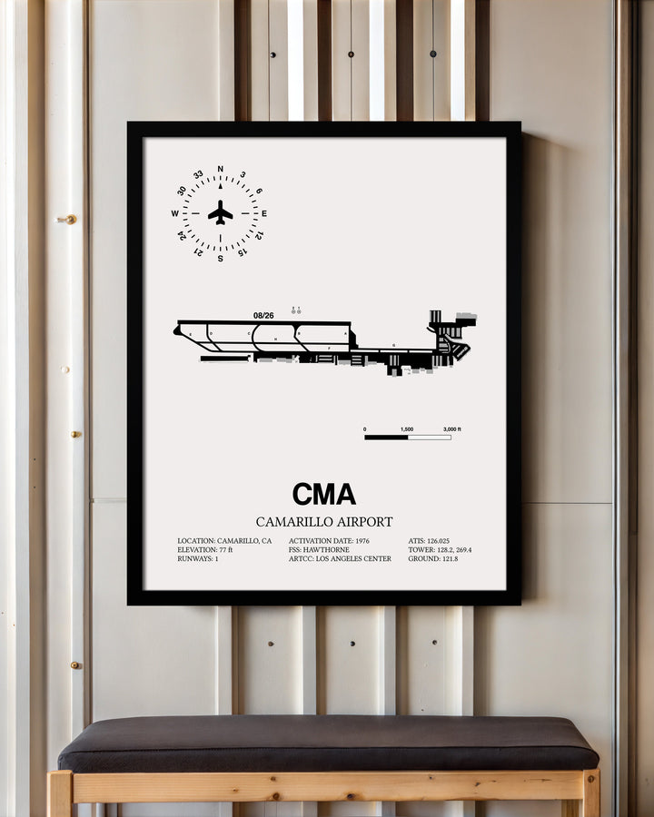Framed Detailed Airport Map of Camarillo Airport (CMA) in White with a Black Frame