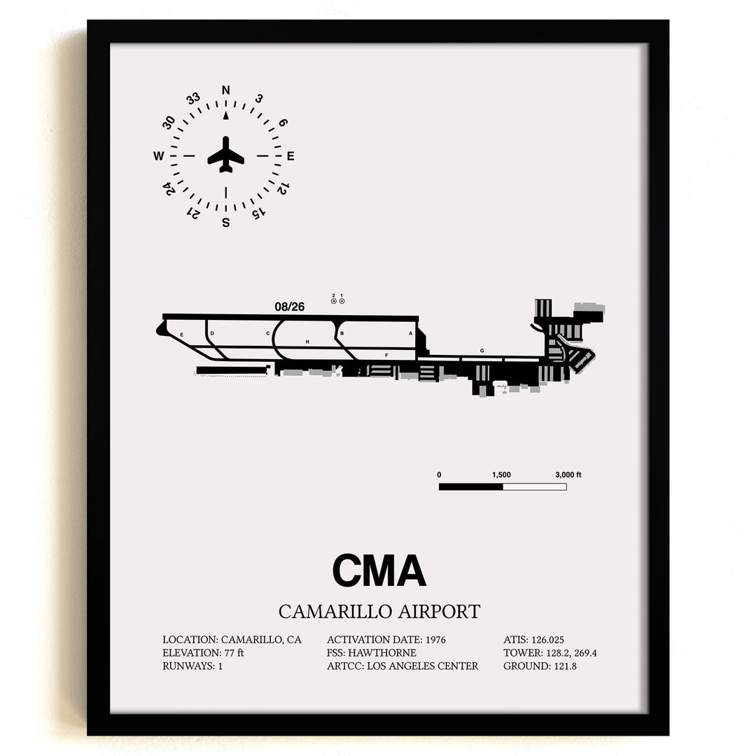Framed Detailed Airport Map of Camarillo Airport (CMA) in White with a Black Frame