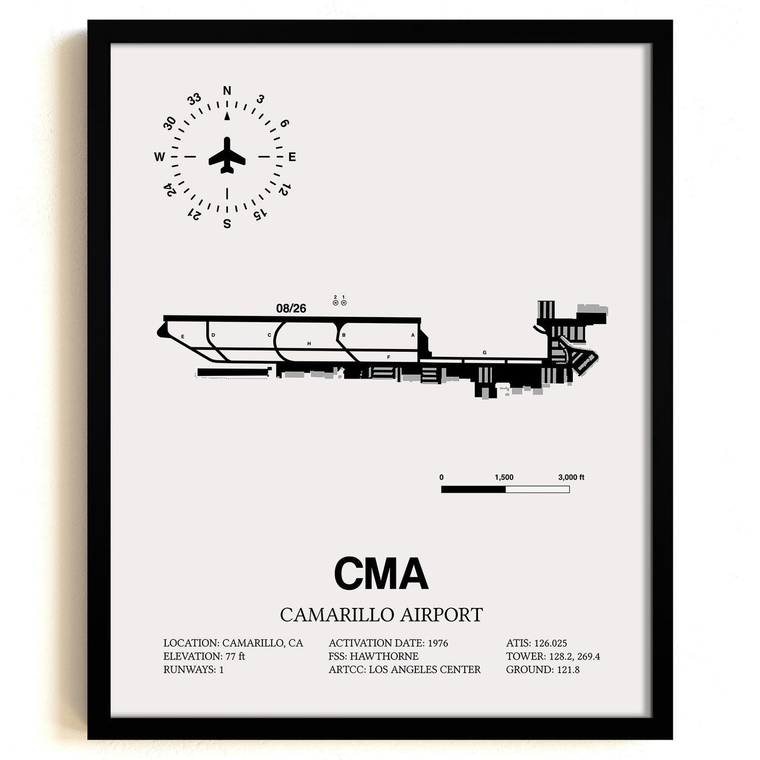 Framed Detailed Airport Map of Camarillo Airport (CMA) in White with a Black Frame