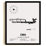 Framed Detailed Airport Map of Camarillo Airport (CMA) in White with a Black Frame