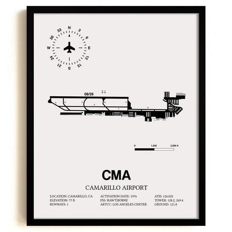 Framed Detailed Airport Map of Camarillo Airport (CMA) in White with a Black Frame