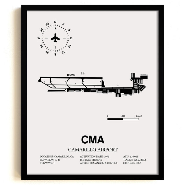 Framed Detailed Airport Map of Camarillo Airport (CMA) in White with a Black Frame