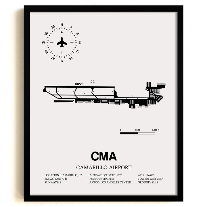 Framed Detailed Airport Map of Camarillo Airport (CMA) in White with a Black Frame