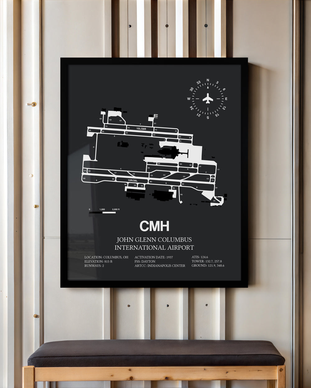 Framed Detailed Airport Map of John Glenn Columbus International Airport (CMH) in Gray with a Black Frame