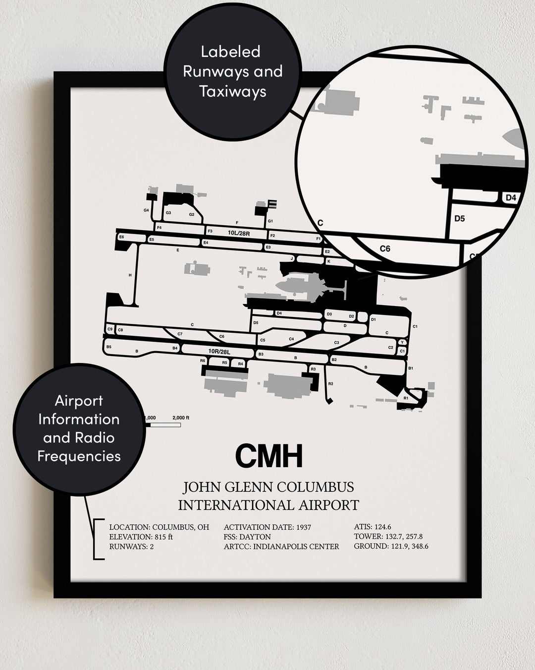 Framed Detailed Airport Map of John Glenn Columbus International Airport (CMH) in White with a Black Frame