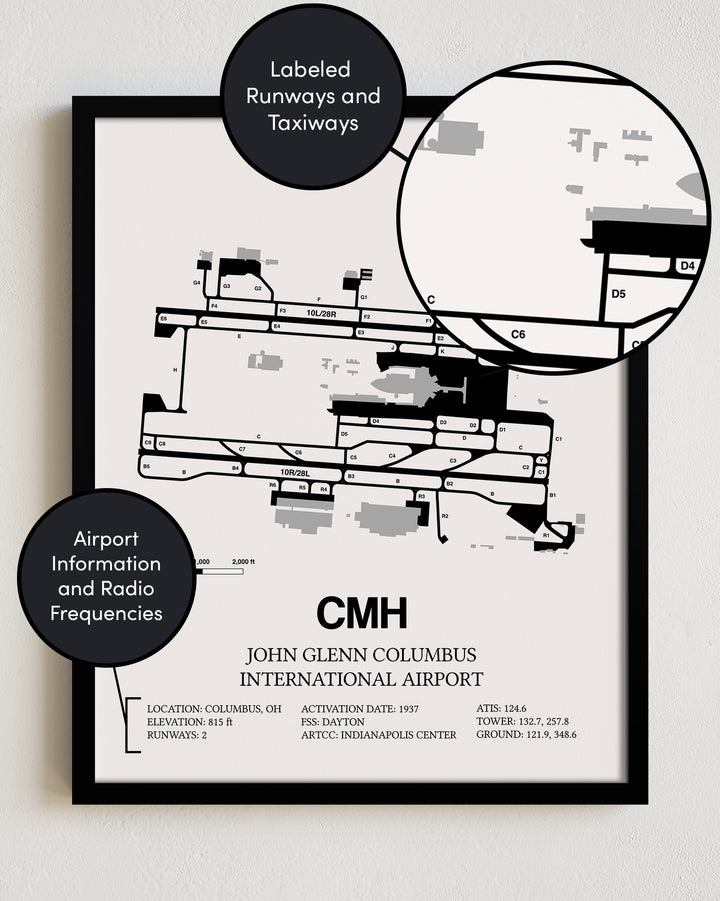 Framed Detailed Airport Map of John Glenn Columbus International Airport (CMH) in White with a Black Frame