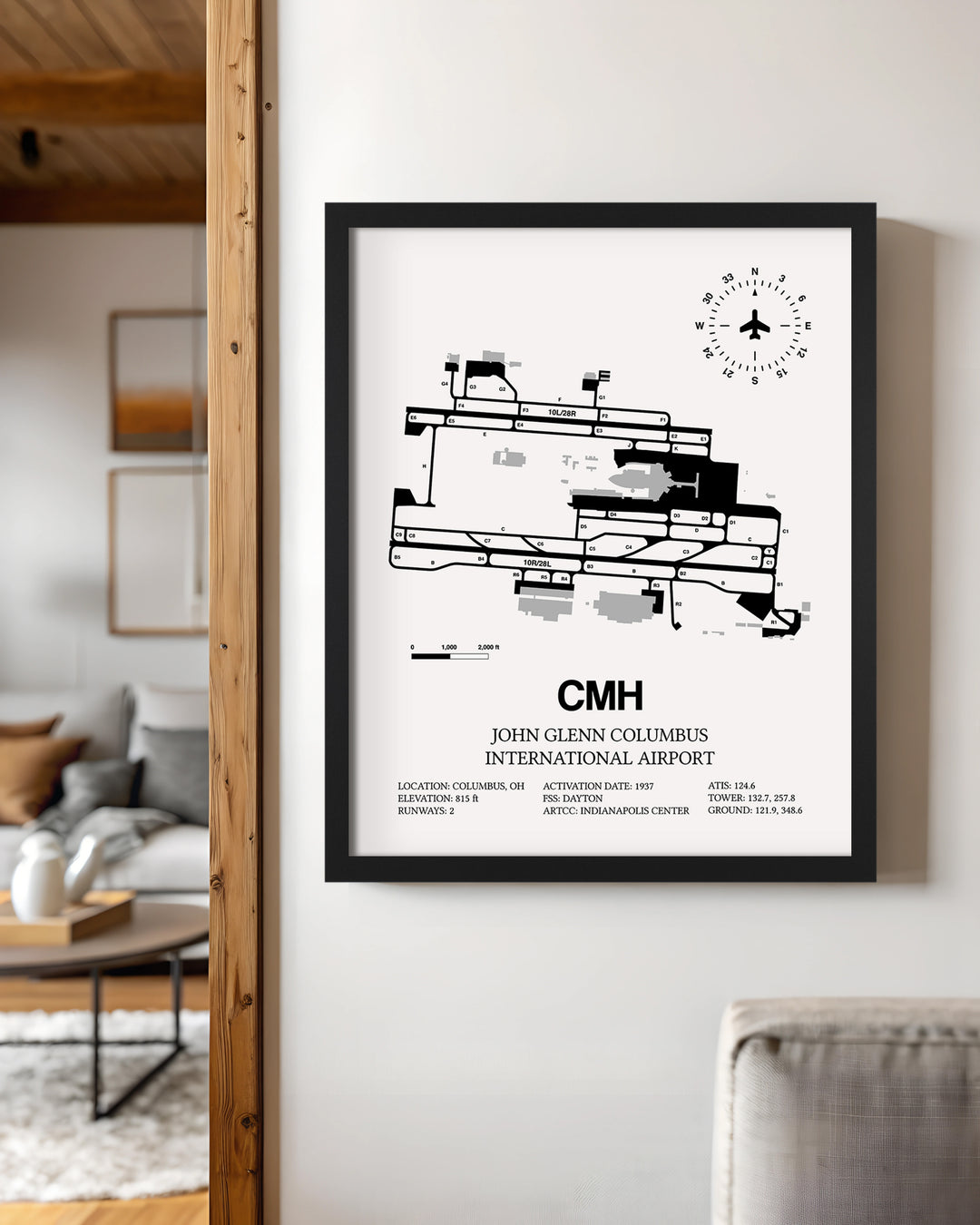 Framed Detailed Airport Map of John Glenn Columbus International Airport (CMH) in White with a Black Frame