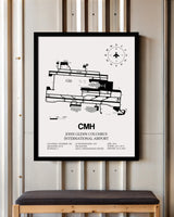 Framed Detailed Airport Map of John Glenn Columbus International Airport (CMH) in White with a Black Frame