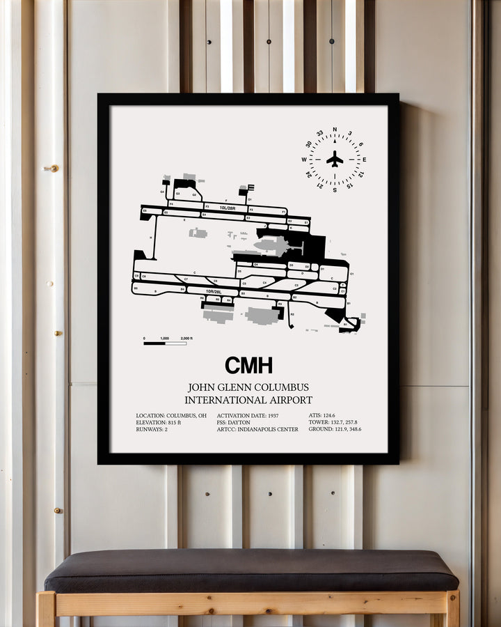 Framed Detailed Airport Map of John Glenn Columbus International Airport (CMH) in White with a Black Frame