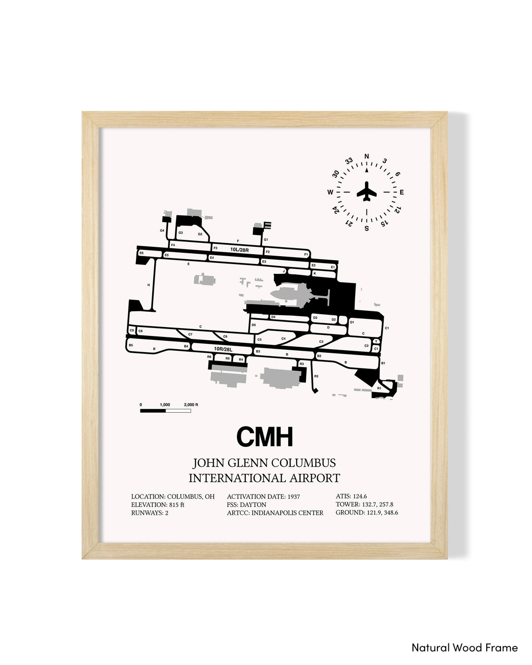 Detailed Airport Map of John Glenn Columbus International Airport (CMH) in White with a Natural Frame