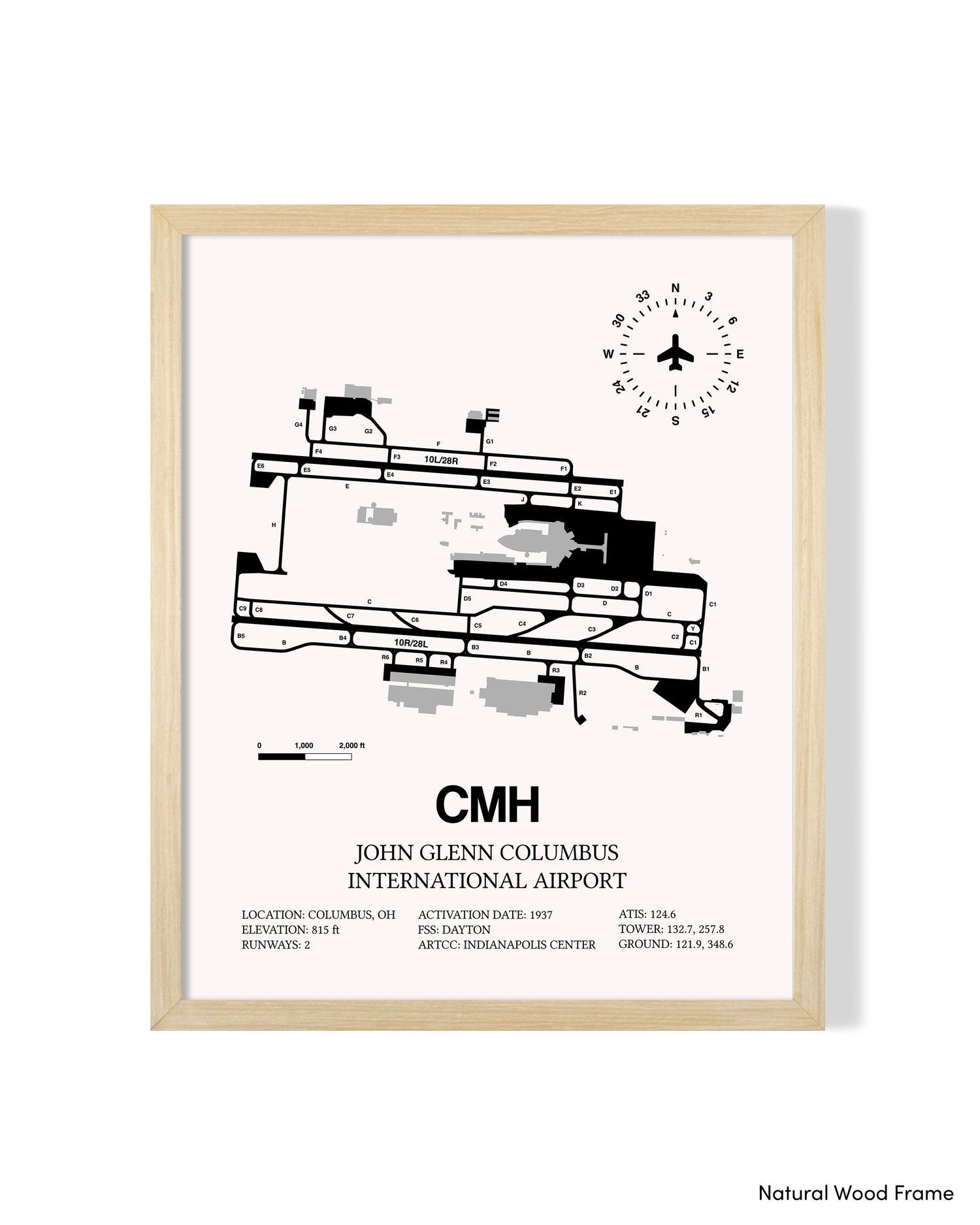 Detailed Airport Map of John Glenn Columbus International Airport (CMH) in White with a Natural Frame