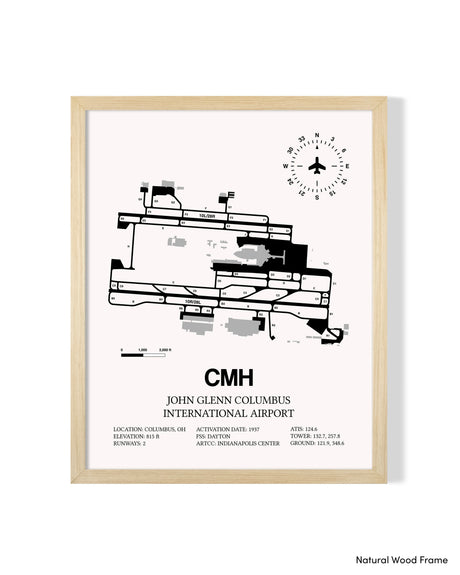 Detailed Airport Map of John Glenn Columbus International Airport (CMH) in White with a Natural Frame