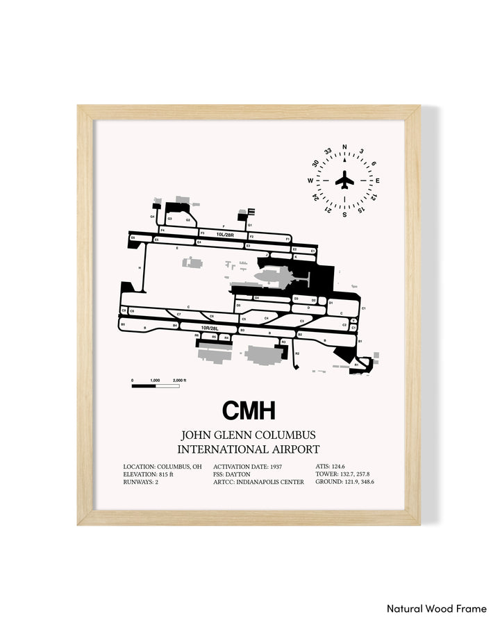 Detailed Airport Map of John Glenn Columbus International Airport (CMH) in White with a Natural Frame