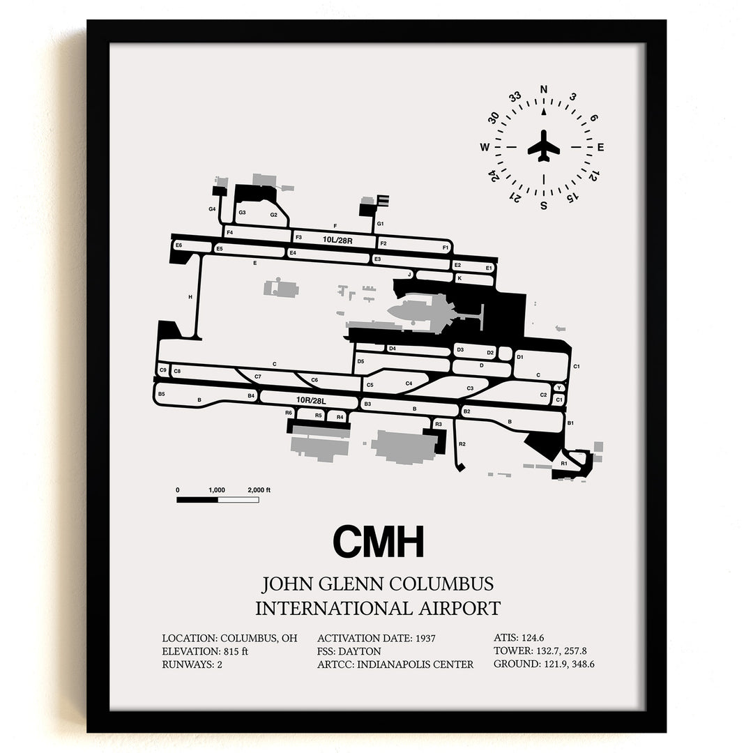 Framed Detailed Airport Map of John Glenn Columbus International Airport (CMH) in White with a Black Frame
