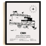 Framed Detailed Airport Map of John Glenn Columbus International Airport (CMH) in White with a Black Frame
