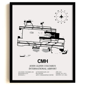 Framed Detailed Airport Map of John Glenn Columbus International Airport (CMH) in White with a Black Frame