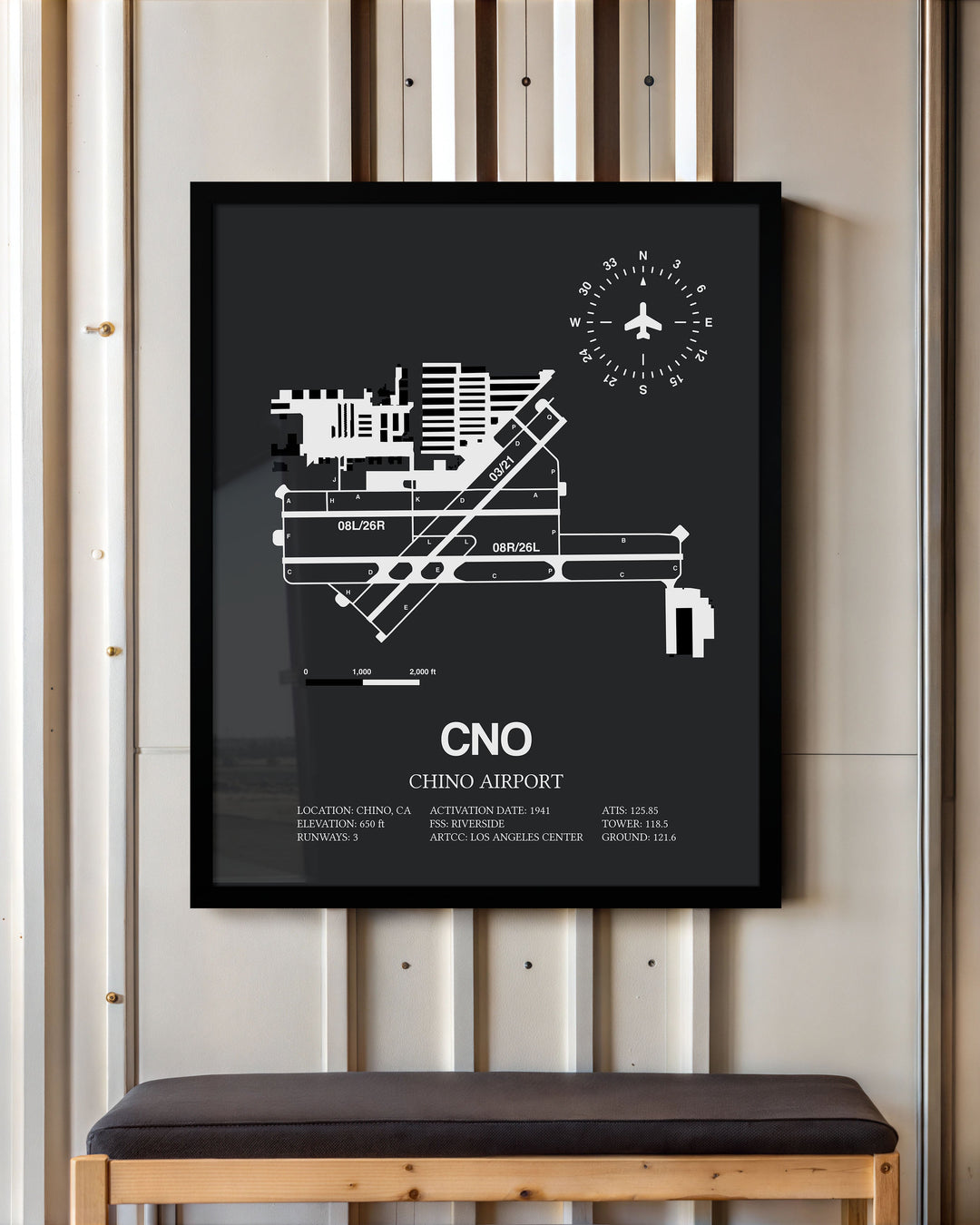 Framed Detailed Airport Map of Chino Airport (CNO) in Gray with a Black Frame